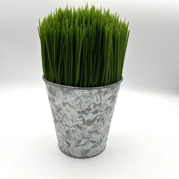 Pottery Barn Faux Grass Tin Potted Plant Small 10" Rustic Coastal Vintage - Picture 1 of 5